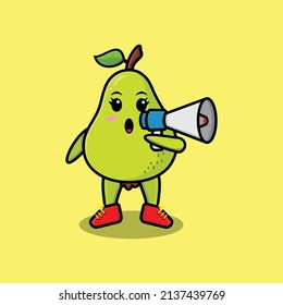 Cute Cartoon pear fruit character speak with megaphone in 3d cartoon style concept