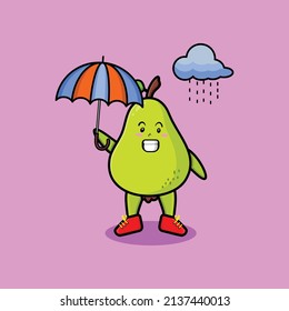Cute cartoon pear fruit character in the rain and using an umbrella in 3d modern style design