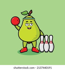 Cute cartoon pear fruit character playing bowling in 3d modern style design