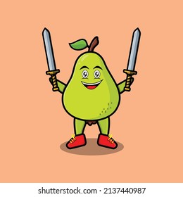 Cute cartoon Pear fruit character holding two sword in 3d modern design 
