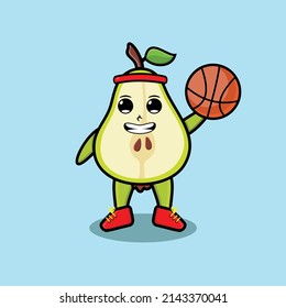 Cute cartoon pear fruit character playing basketball