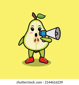 El personaje de la fruta de la pera de dibujos animados Cute habla con el megáfono en el concepto de dibujos animados 3d