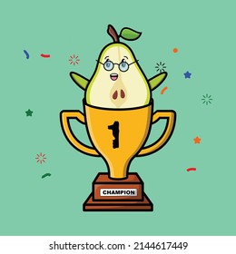 Cute cartoon pear fruit character in trophy in concept 3d cartoon style