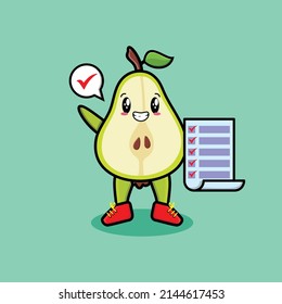 Cute cartoon pear fruit character holding checklist note in concept 3d cartoon style