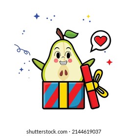 Cute cartoon pear fruit character coming out from big gift box look so happy in concept 3d cartoon