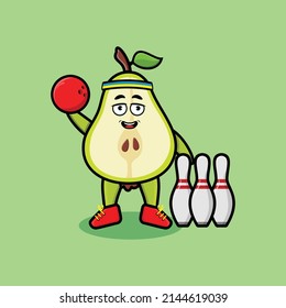 Cute cartoon pear fruit character playing bowling in 3d modern style design
