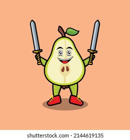 Cute cartoon Pear fruit character holding two sword in 3d modern design