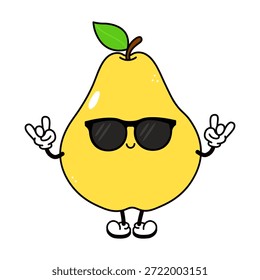 Cute cartoon pear fruit character with a green leaf on its stem and small feet, wearing dark sunglasses and making a rock and roll hand gesture with both hands
