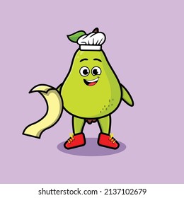 Cute cartoon pear fruit chef character with menu in hand