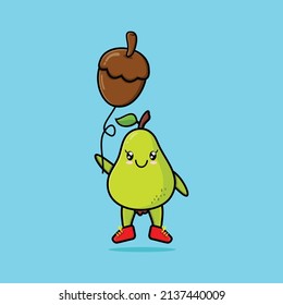 Cute cartoon pear fruit floating with acorn balloon cartoon vector illustration