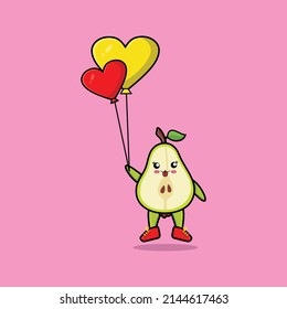 Cute cartoon pear fruit floating with love balloon cartoon vector illustration