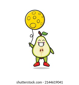 Cute cartoon pear fruit floating with moon balloon cartoon vector illustration