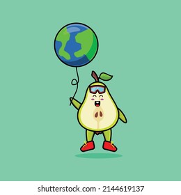 Cute cartoon pear fruit floating with earth world balloon cartoon vector illustration