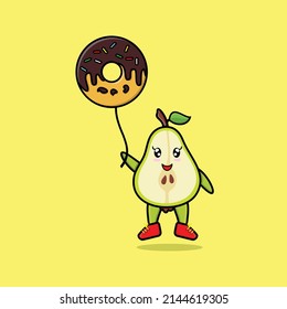 Cute cartoon pear fruit floating with donuts balloon cartoon vector illustration