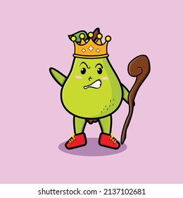Cute cartoon pear fruit mascot as wise king with golden crown and wooden stick