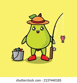 Caricatura corta fruta pera fruta listo pesca usando equipo de pesca personaje de caricatura 