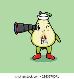 Cute cartoon pear fruit sailor with hat and using binocular cute modern style design