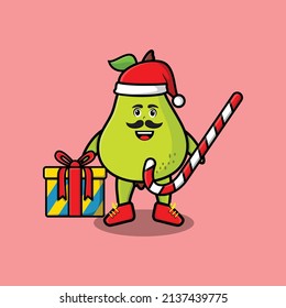 cute cartoon pear fruit santa clause is bringing candy cane and boxes christmas illustration