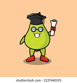 Caricatura corta de un estudiante de frutas de pera en el día de graduación con toga en el concepto 3d estilo de caricatura