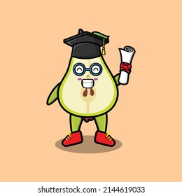 Cute cartoon pear fruit student character on graduation day with toga in concept 3d cartoon style