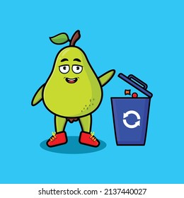 Cute cartoon pear fruit throwing trash in the trash in 3d modern style design