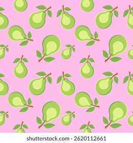Cute Cartoon Pear Seamless Pattern, Hand-Drawn Vector, Easy Drawing, Fruits, Pastel, Colorful, Summer, Fresh, Kids Design, Chilldish, Green, Pink, Motif, Repeat, for textiles, print, fabric, wallpaper