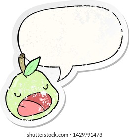 cute cartoon pear with speech bubble distressed distressed old sticker