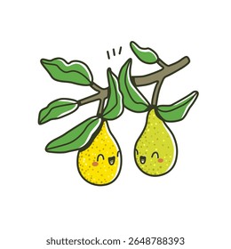 Cute cartoon pears with smiling faces hanging on a branch with green leaves. Hand-drawn vector illustration in kawaii style. Fun and cheerful design for kids and decoration.