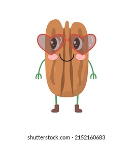 Cute cartoon Pecan nut on white background. Vector illustration.