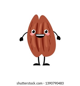 Cute cartoon pecan nut  vector illustration isolated on white background. 