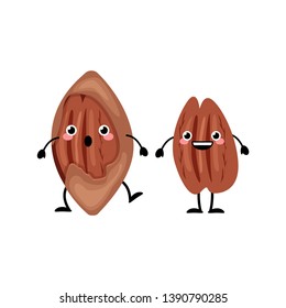 Cute cartoon pecan nuts  vector illustration isolated on white background. 