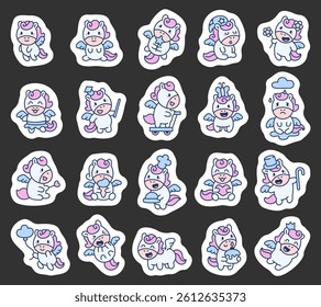 Cute cartoon pegasus character set showing various charming emotions and magical activities like flying, sleeping, dancing, holding heart, and eating desserts for yours illustrations