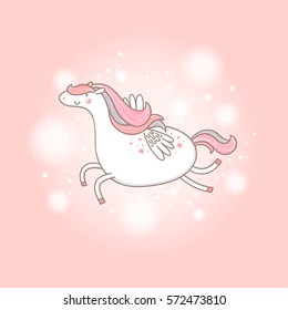 Cute cartoon Pegasus flying in the clouds. Vector illustration