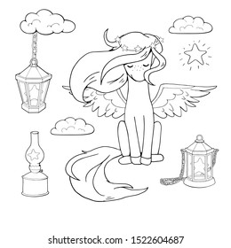 Cute cartoon pegasus sitting with eyes closed. White and black vector illustrations for coloring book. Decor elements for kids products. Set of outline lanterns.