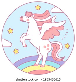 Dibujo gráfico lindo pegasus vectorial. Colorido pegasus volando sobre el arcoiris.