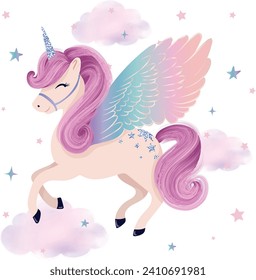 Cute cartoon pegasus, vector illustration for kids artworks, t shirt prints, wallpapers.