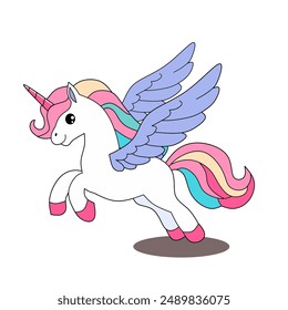 Lindo pegaso de dibujos animados con alas y melena de arco iris. Ilustración vectorial aislada en blanco.