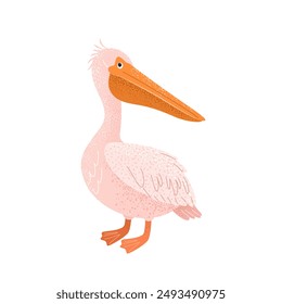 Cute cartoon pelican for childish prints. Textured hand drawn clip art isolated on a white background. A funny bird for kids. Vector illustration.