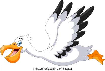 Cute cartoon pelican is flying