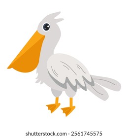 Cute cartoon pelican standing on its feet with bright orange beak and feet