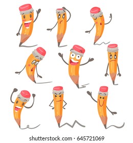 Cute cartoon pencil character facial expressions, emotions and hand gestures vector illustrations