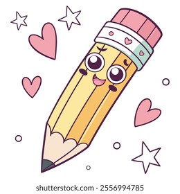 A cute cartoon pencil character surrounded by hearts and stars.