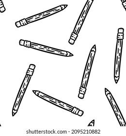 Cute cartoon pencil doodles seamless border pattern. Vector repeatable background tile. Cozy craft template of stock illustration for wrapping design, wallpaper