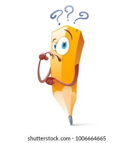 Cute cartoon pencil with eyes. Humanized pencil with emoji and question mark.