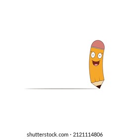 Cute cartoon pencil with funny face draws a line. Vector illustration.