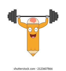 Cute cartoon pencil with funny face. Training for the brain and mind. Vector illustration.