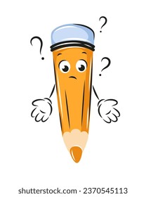 Lápiz de dibujos animados con signos de interrogación. Conocimiento y concepto educativo. Papel de ilustración vectorial para diseño infantil o escuela.
