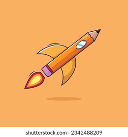 Cute cartoon pencil rocket vector goes to school. cartoon vector isolated concept. flat cartoon style.