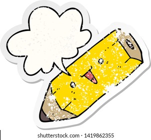 cute cartoon pencil with speech bubble distressed distressed old sticker
