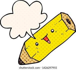 cute cartoon pencil with speech bubble in comic book style